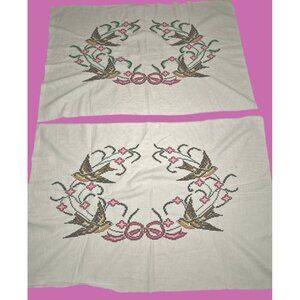 Vintage Hand-Stitched Embroidered Cross-Stitch Fabric Panels Swallows Floral